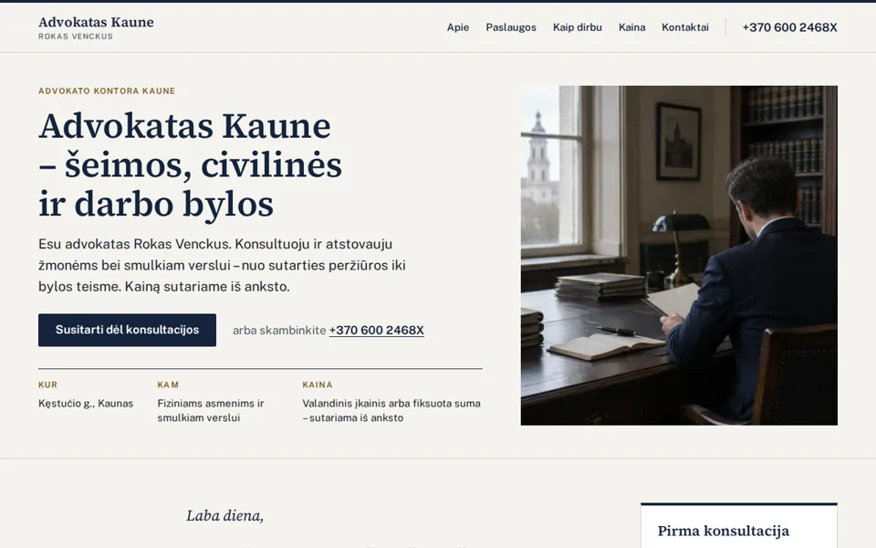 Svetainės „Advokatas Kaune“ pirmas ekranas