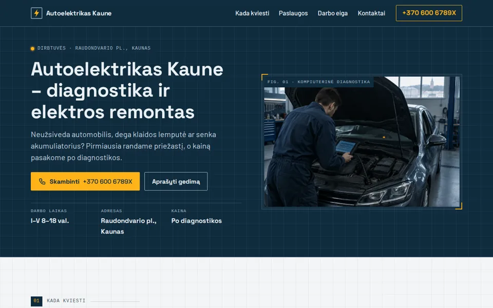 Svetainės „Autoelektrikas Kaune“ pirmas ekranas