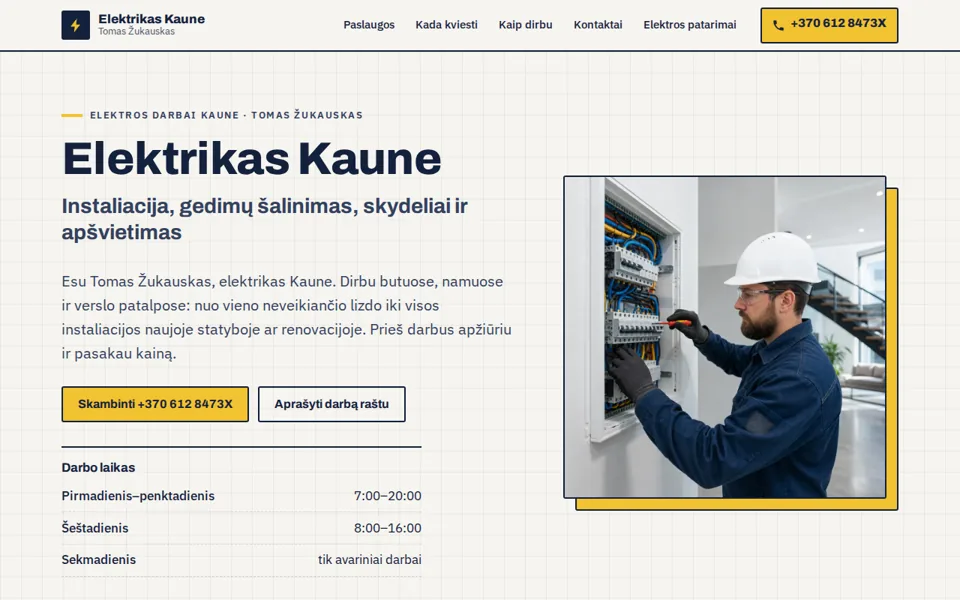 Svetainės „Elektrikas Kaune“ pirmas ekranas
