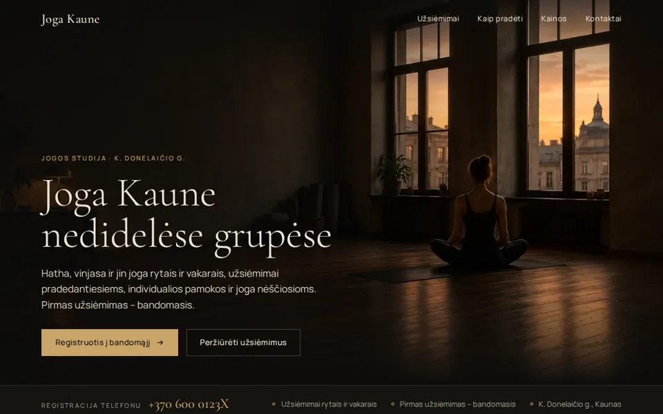 Svetainės „Joga Kaune“ pirmas ekranas