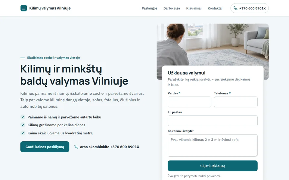 Svetainės „Kilimų valymas Vilniuje“ pirmas ekranas