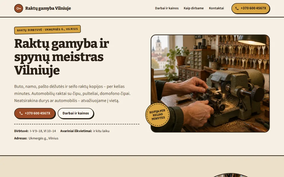 Svetainės „Raktų gamyba Vilniuje“ pirmas ekranas