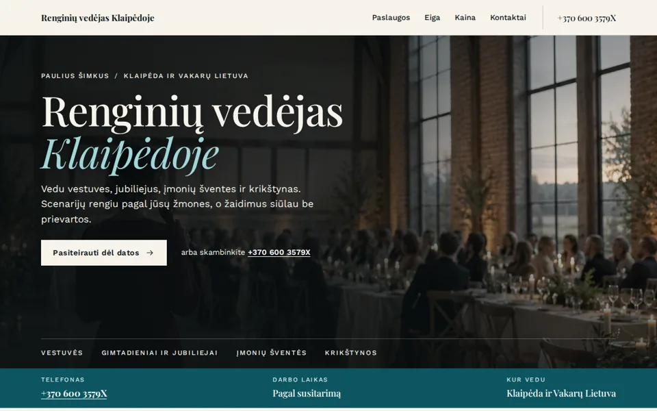 Svetainės „Renginių vedėjas Klaipėdoje“ pirmas ekranas