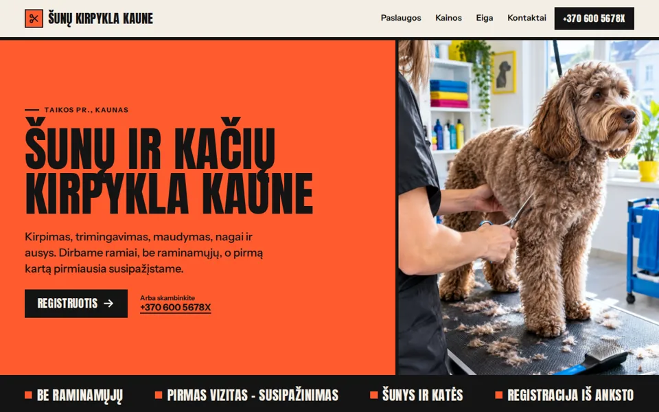 Svetainės „Šunų kirpykla Kaune“ pirmas ekranas