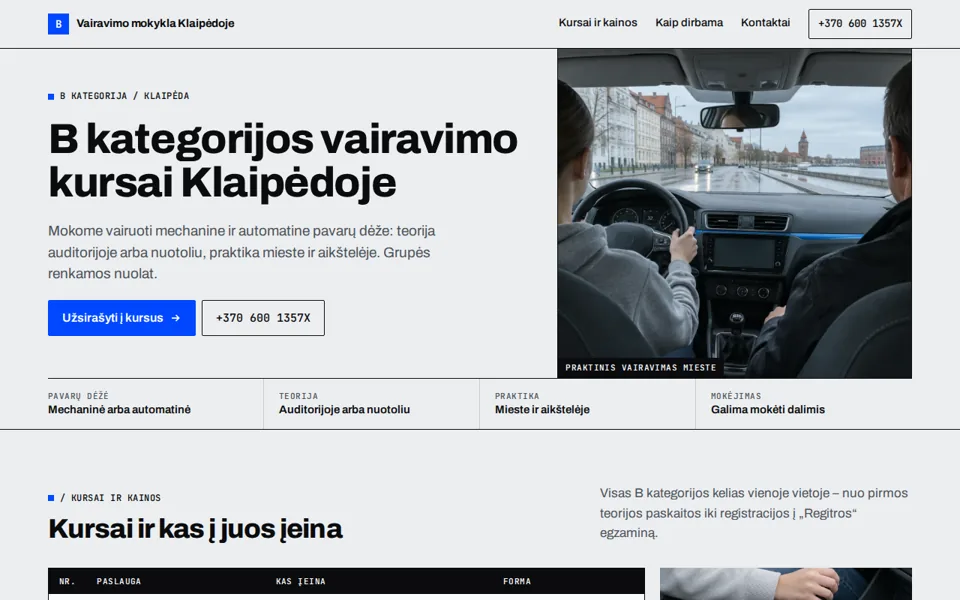 Svetainės „Vairavimo mokykla Klaipėdoje“ pirmas ekranas