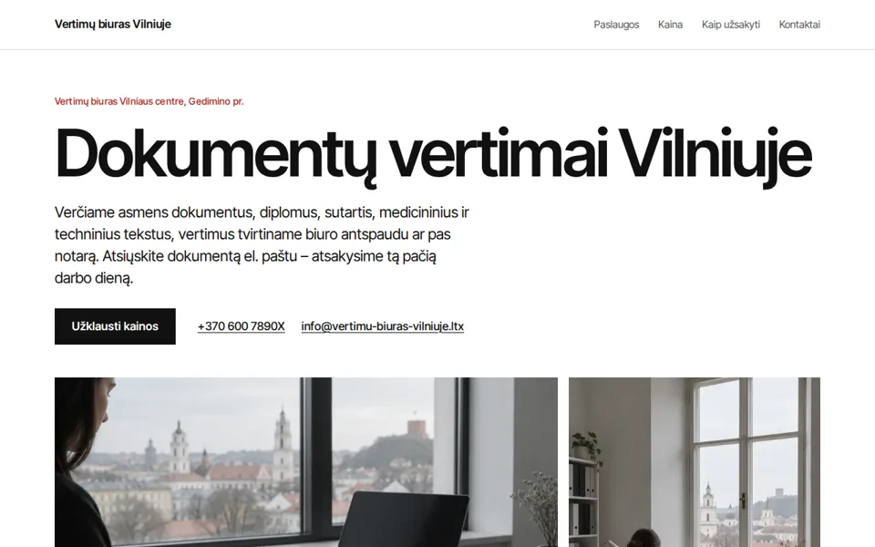 Svetainės „Vertimų biuras Vilniuje“ pirmas ekranas