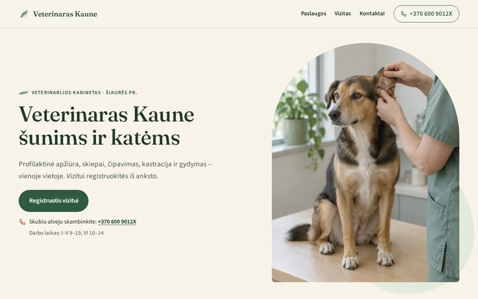 Svetainės „Veterinaras Kaune“ pirmas ekranas